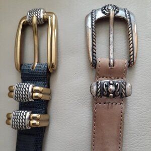 2 Skinny Brighton Belts M - Black/Tan - Gold/Silver Plated Accents - Vintage!